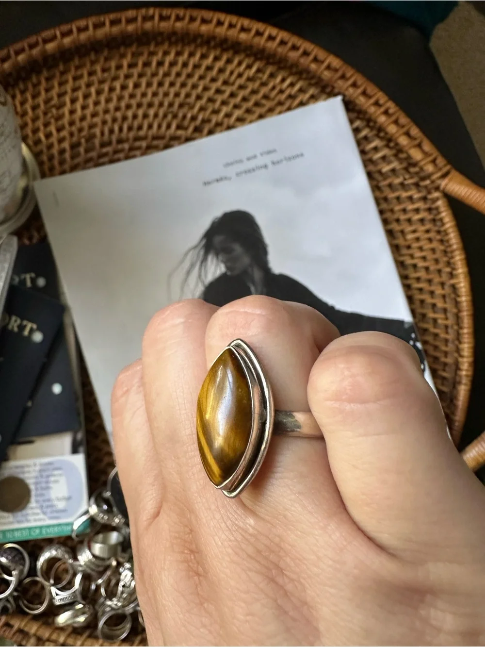 Vintage Sterling Silver Ring with Marquise Tiger's Eye Stone Size 8